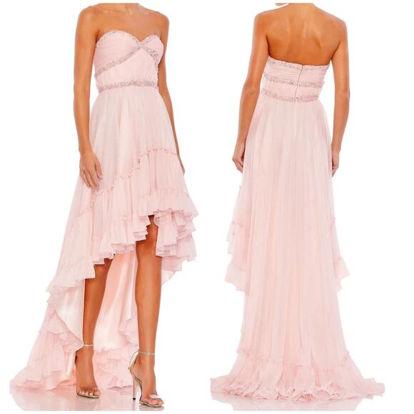 Mac Duggal NWT Beaded Ruffle High Low Gown Ice Pink Size 8 Jeweled Chiffon - Picture 1 of 10